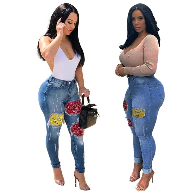 Wholesale Contrast stitching jeans fashion skinny  plus size pants jeans women