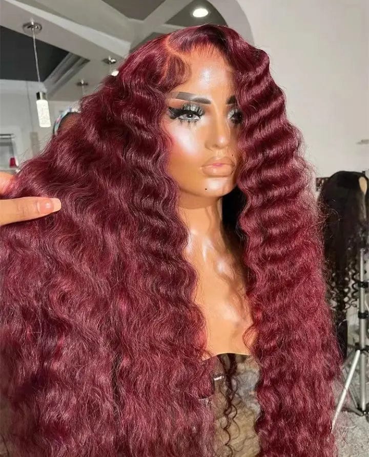 Wholesale Deep Wave Burgundy Colour Brazilian Human Hair 13*4 Lace Front Wigs for Black Women