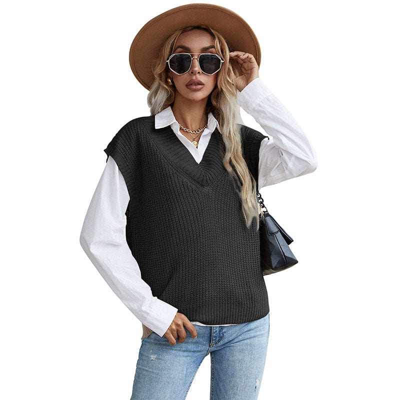 Wholesale Fall Knitted Sweaters Solid Sleeveless Women Sweater Vest Pullover Tops