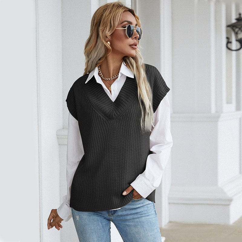 Wholesale Fall Knitted Sweaters Solid Sleeveless Women Sweater Vest Pullover Tops