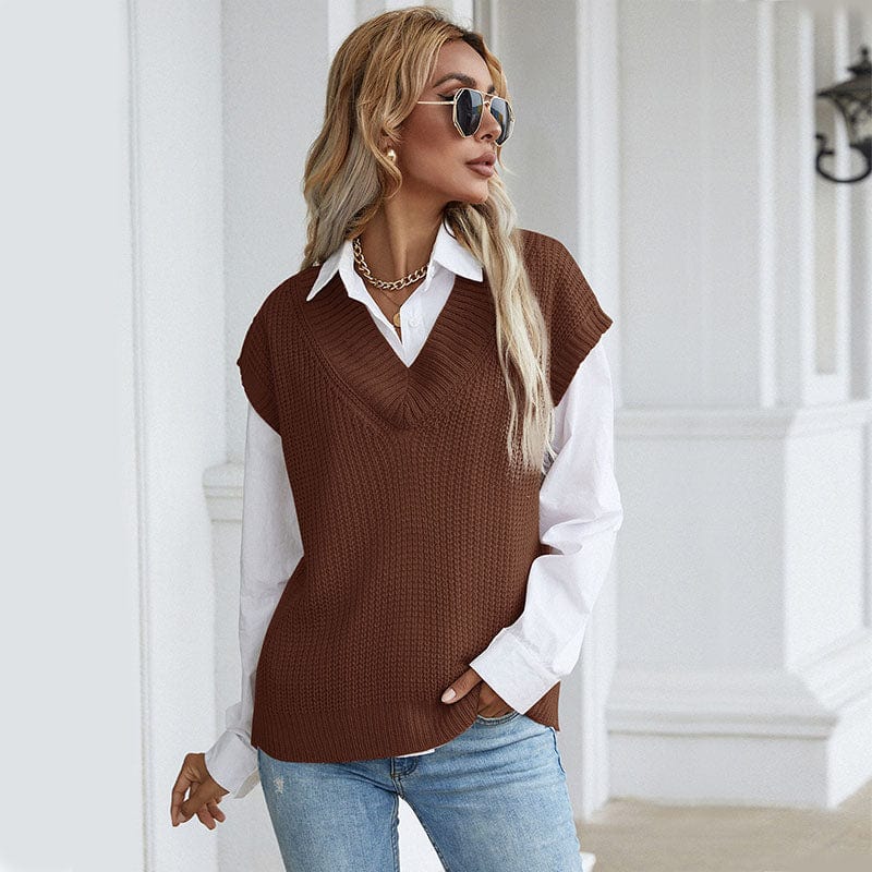 Wholesale Fall Knitted Sweaters Solid Sleeveless Women Sweater Vest Pullover Tops