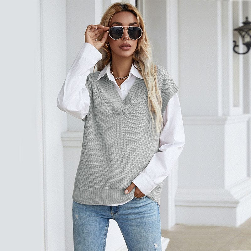 Wholesale Fall Knitted Sweaters Solid Sleeveless Women Sweater Vest Pullover Tops