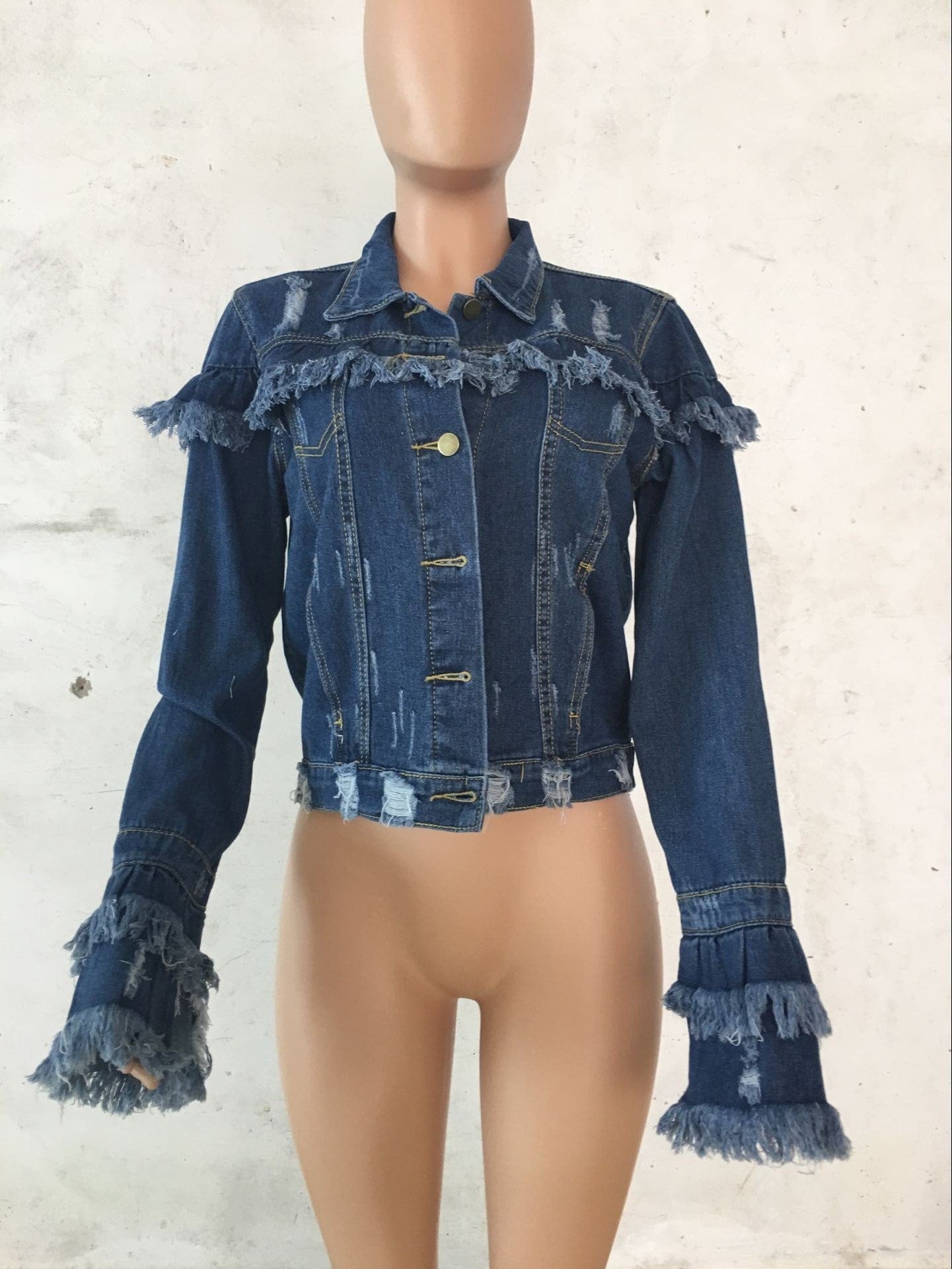 Wholesale fashion long sleeves cropped fringe jean jackets ripped blue denim jackets for women