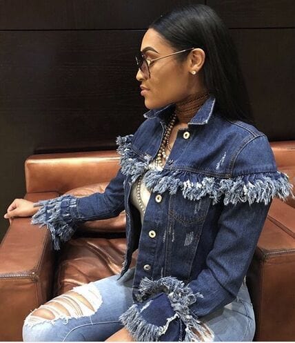 Wholesale fashion long sleeves cropped fringe jean jackets ripped blue denim jackets for women