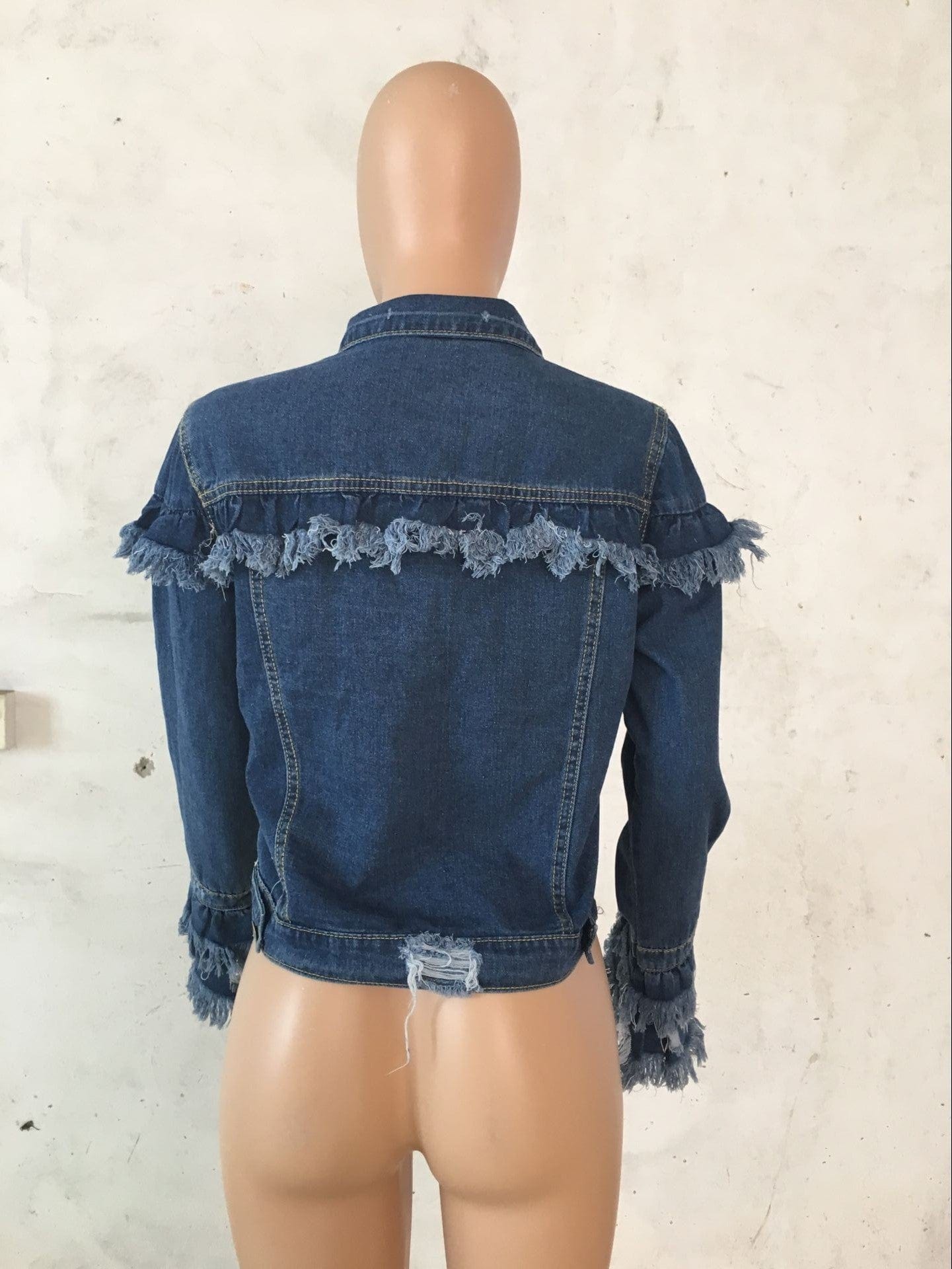 Wholesale fashion long sleeves cropped fringe jean jackets ripped blue denim jackets for women