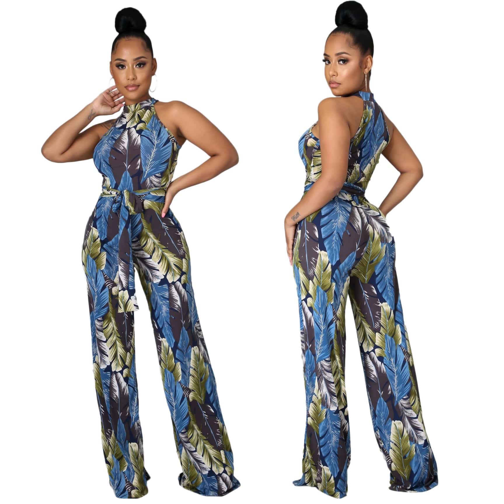 Wholesale Fashion Women Sleeveless Halter Neck One Piece Jumpsuit Women Lace Up Wide Leg Elegant Print Jumpsuits