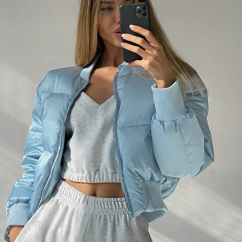 Wholesale fashion zip up bomber jacket women winter warm gym sportswear cropped bubble coat solid blank custom bubble coat women