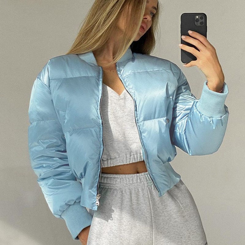 Wholesale fashion zip up bomber jacket women winter warm gym sportswear cropped bubble coat solid blank custom bubble coat women