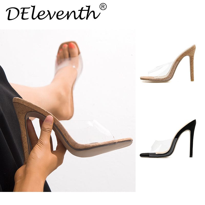 Wholesale Hot Selling Sexy Black Apricot High Heels Women Peep Toe PVC Clear Heels Slip-on Sandals Stilettos Slipper