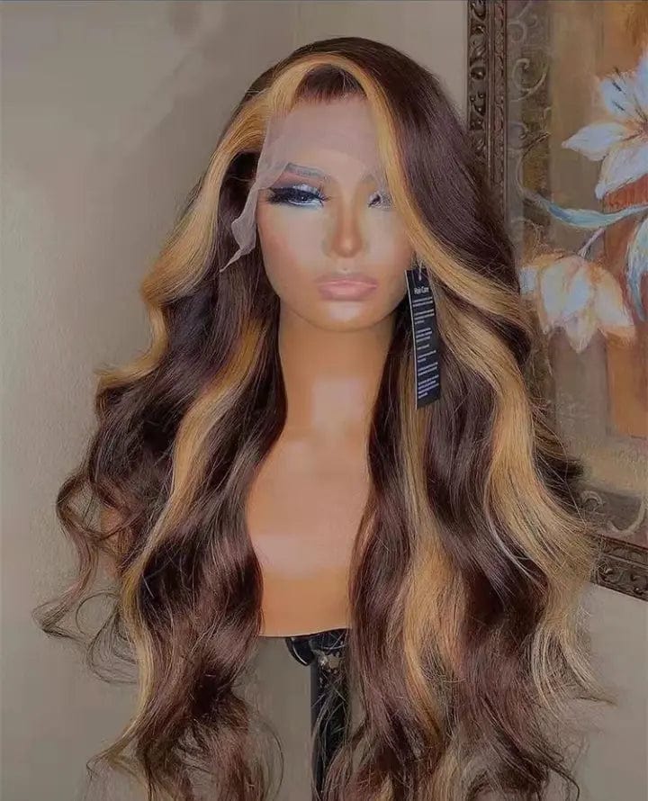 Wholesale Long Wavy Highlight Brown Wigs Virgin Cuticle Aligned Hair 13*4 Lace front Wigs for Black Women