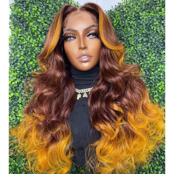 Wholesale Ombre Brown Yellow Loose Wave Human Virgin Hair Lace Front Wigs for Black Women