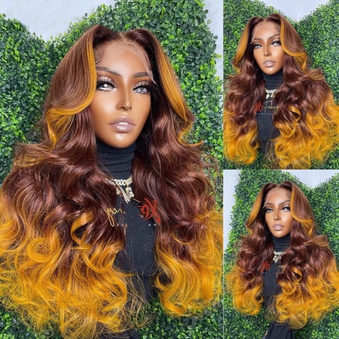 Wholesale Ombre Brown Yellow Loose Wave Human Virgin Hair Lace Front Wigs for Black Women