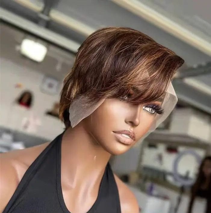 Wholesale PIxie Bob Wig Dark Brown Silky Straight Brazilian Human Hair 13*4 Lace Front Wigs