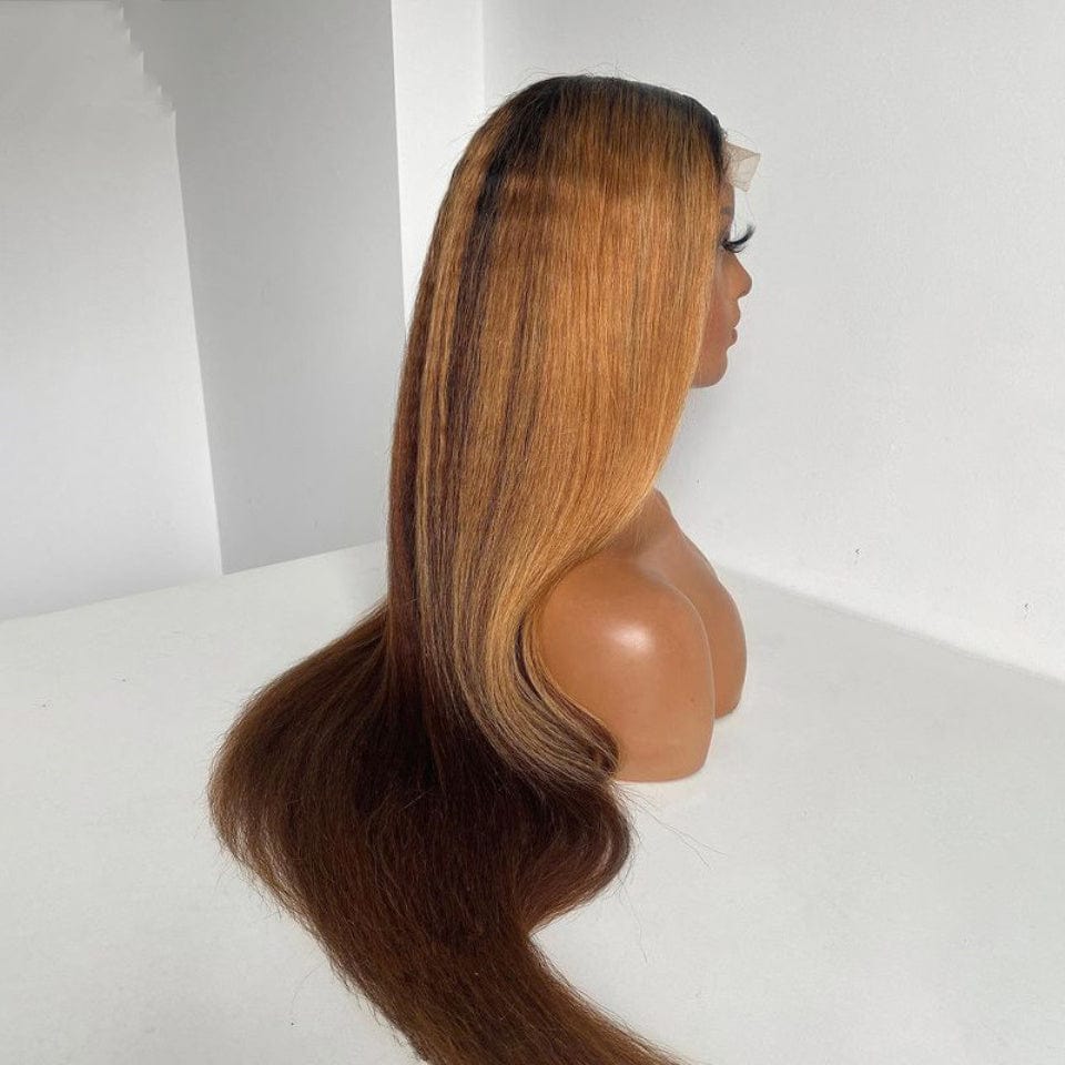 Wholesale Pre Plucked Highlight Brown Yaki Straight Wigs Peruvian Raw Hair Lace Front Wigs for Black Women