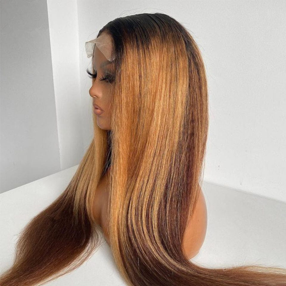 Wholesale Pre Plucked Highlight Brown Yaki Straight Wigs Peruvian Raw Hair Lace Front Wigs for Black Women