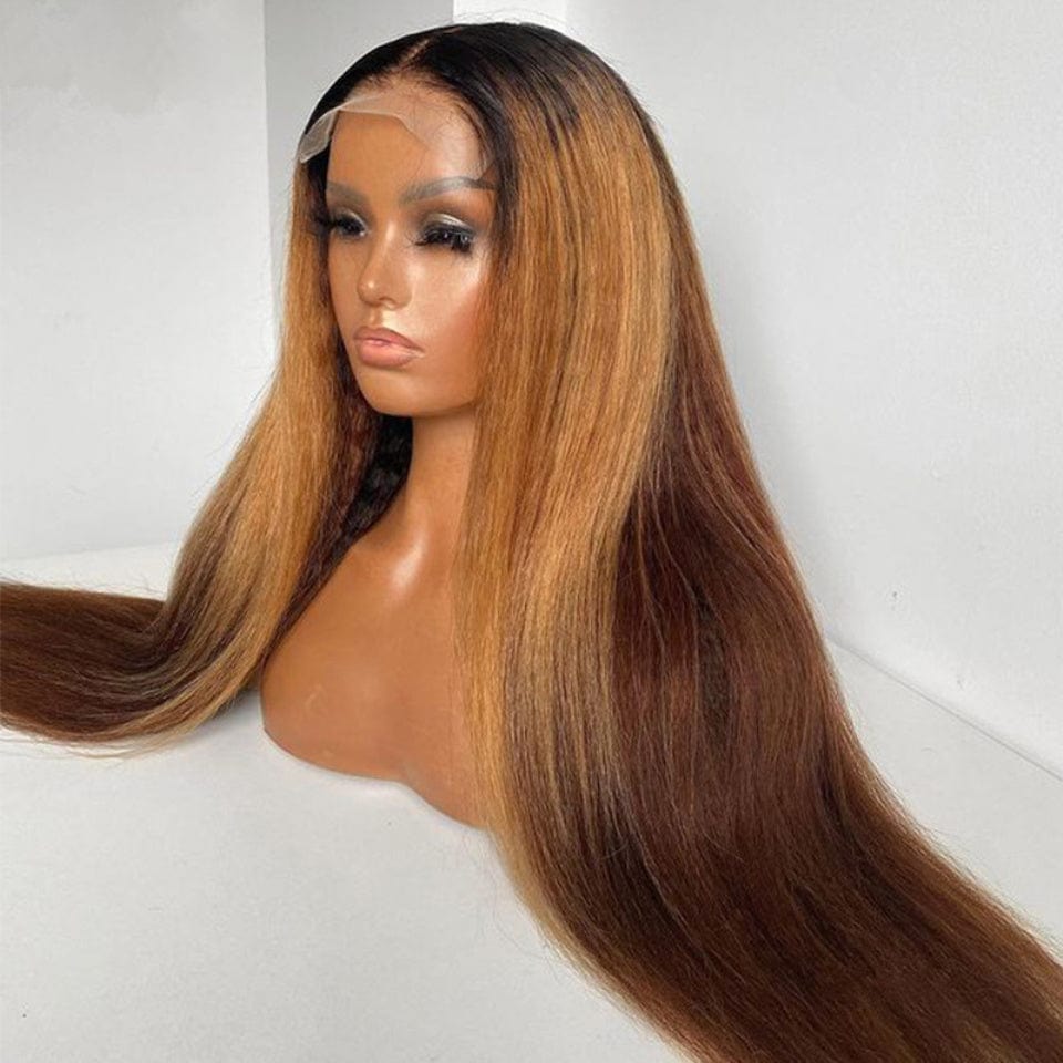 Wholesale Pre Plucked Highlight Brown Yaki Straight Wigs Peruvian Raw Hair Lace Front Wigs for Black Women