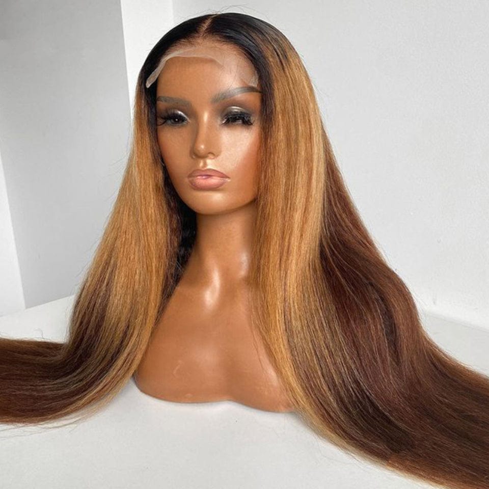 Wholesale Pre Plucked Highlight Brown Yaki Straight Wigs Peruvian Raw Hair Lace Front Wigs for Black Women