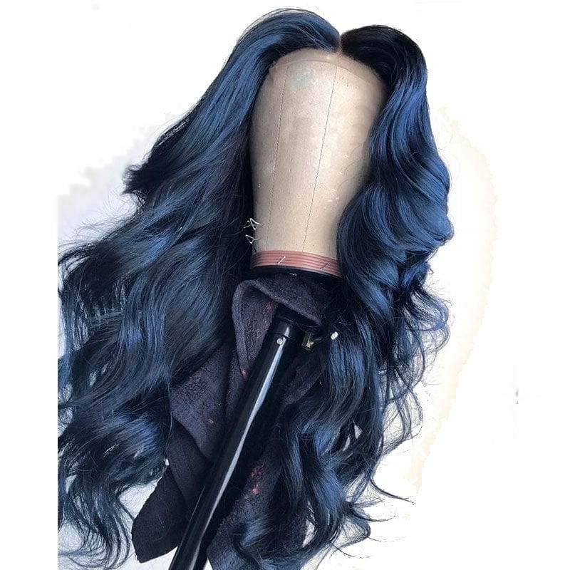 Wigs Factory Dark Blue Natural Wave Peruvian Lace Front Wigs Cuticle aligned Hair Human Wig With Bang