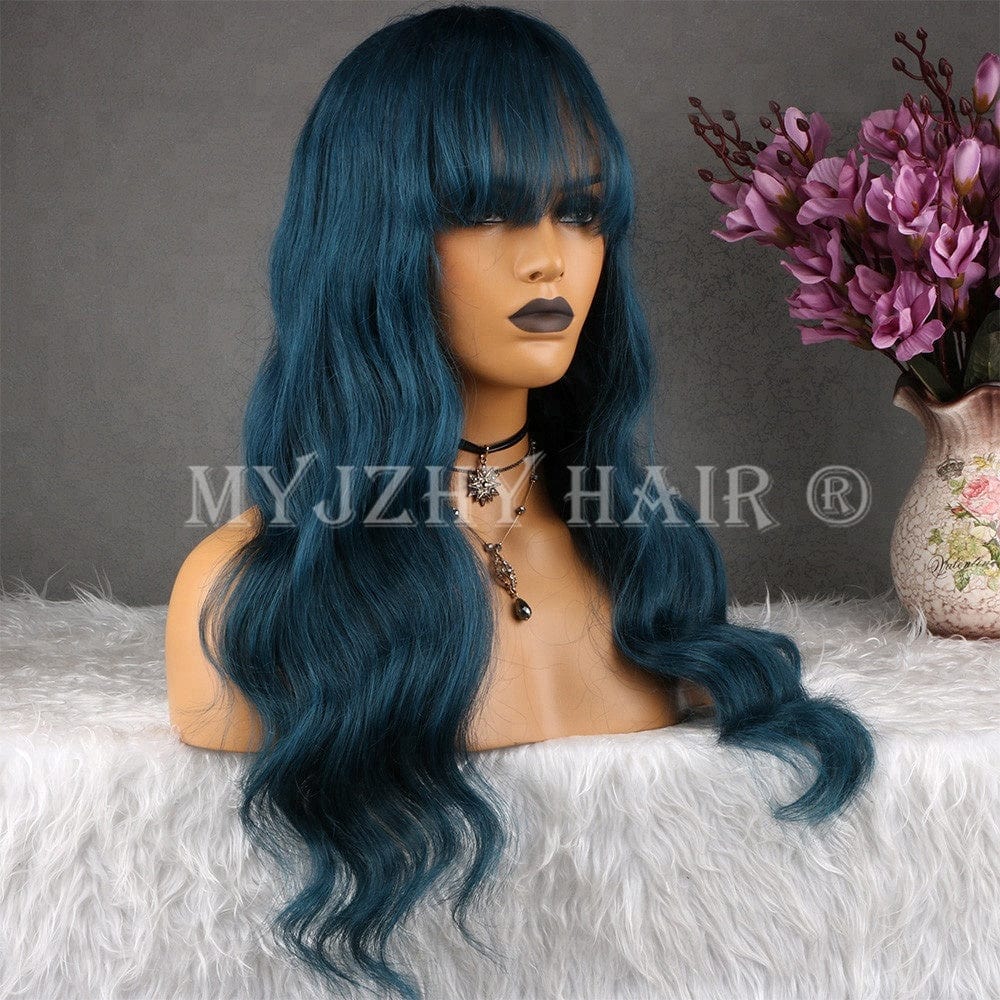 Wigs Factory Dark Blue Natural Wave Peruvian Lace Front Wigs Cuticle aligned Hair Human Wig With Bang