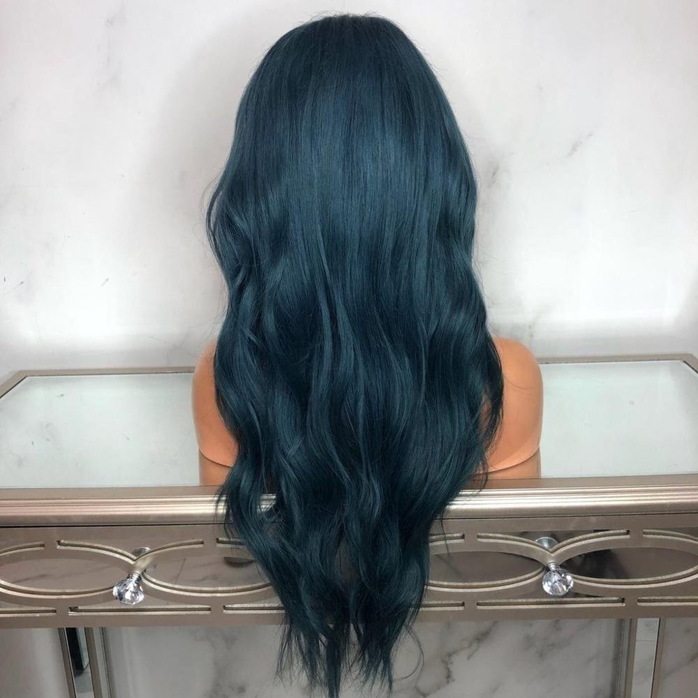 Wigs Factory Dark Blue Natural Wave Peruvian Lace Front Wigs Cuticle aligned Hair Human Wig With Bang