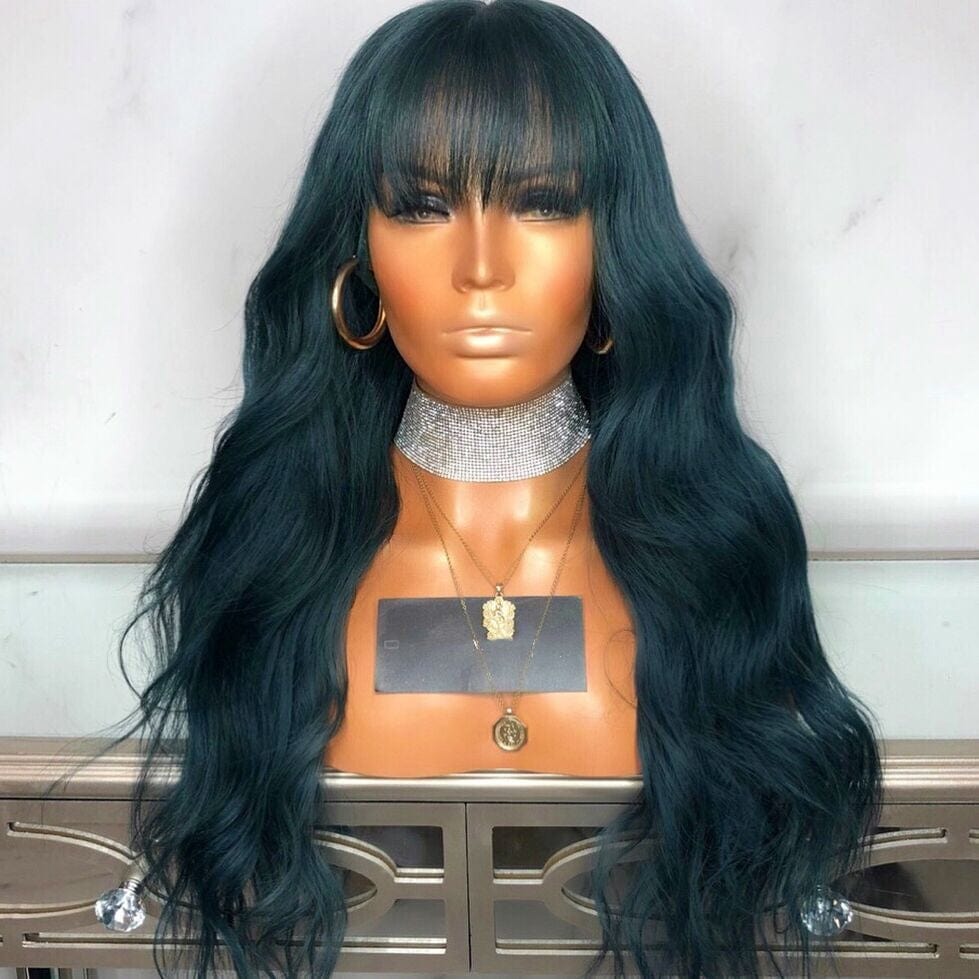 Wigs Factory Dark Blue Natural Wave Peruvian Lace Front Wigs Cuticle aligned Hair Human Wig With Bang