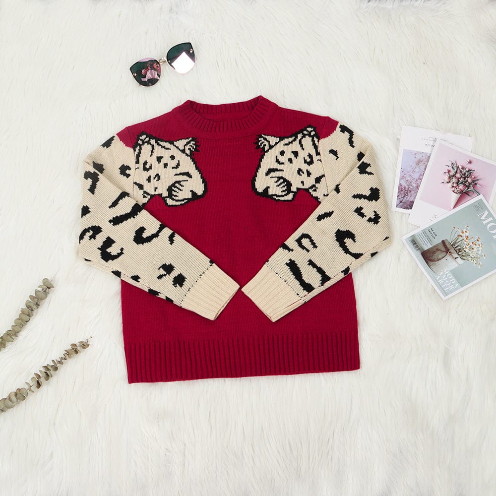 WN501292 Fashion leopard knitting top O Neck Casual women fall Long sleeve winter knit sweater