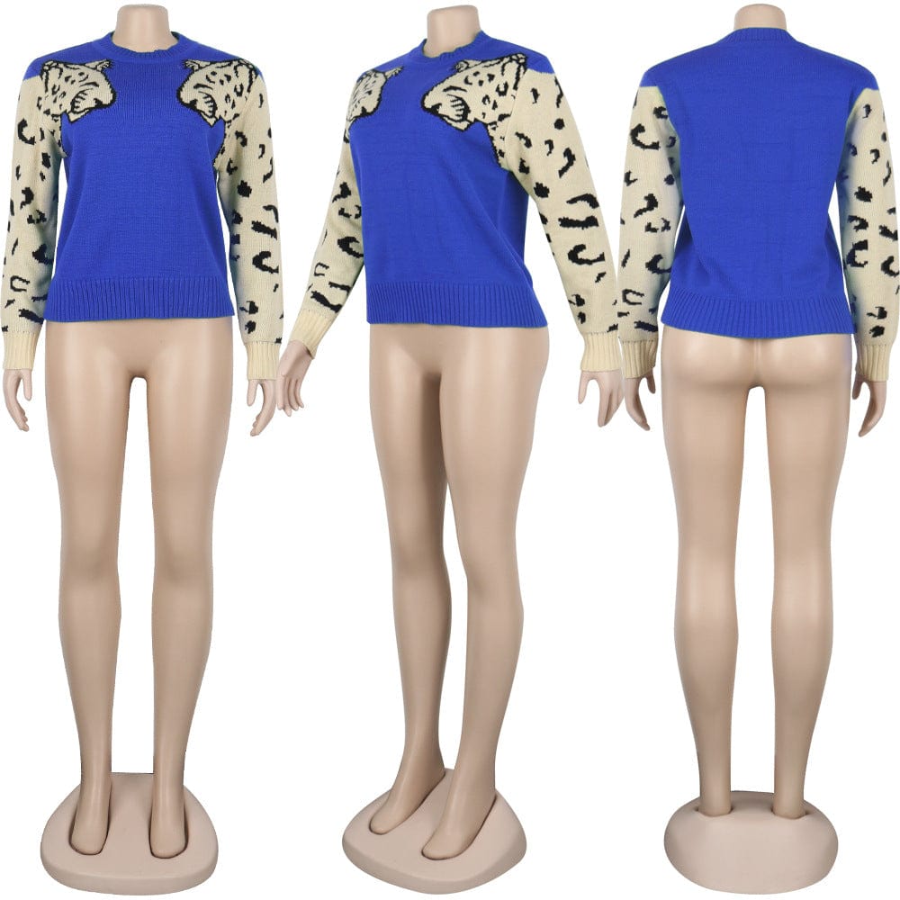 WN501292 Fashion leopard knitting top O Neck Casual women fall Long sleeve winter knit sweater