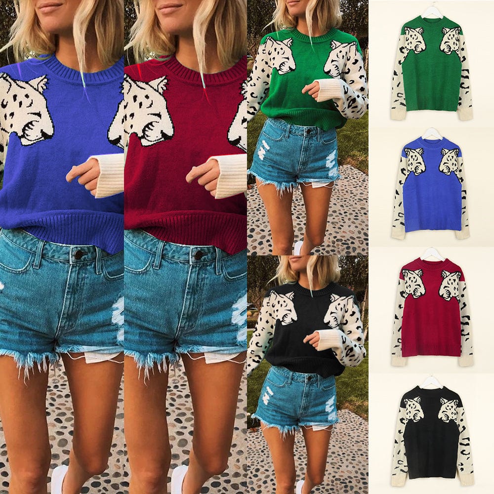 WN501292 Fashion leopard knitting top O Neck Casual women fall Long sleeve winter knit sweater