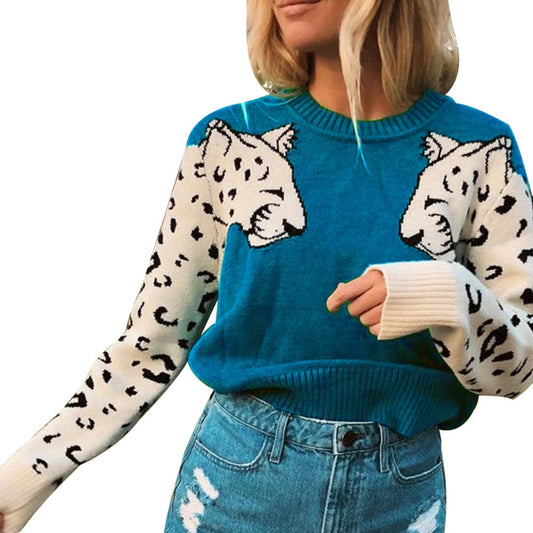 WN501292 Fashion leopard knitting top O Neck Casual women fall Long sleeve winter knit sweater