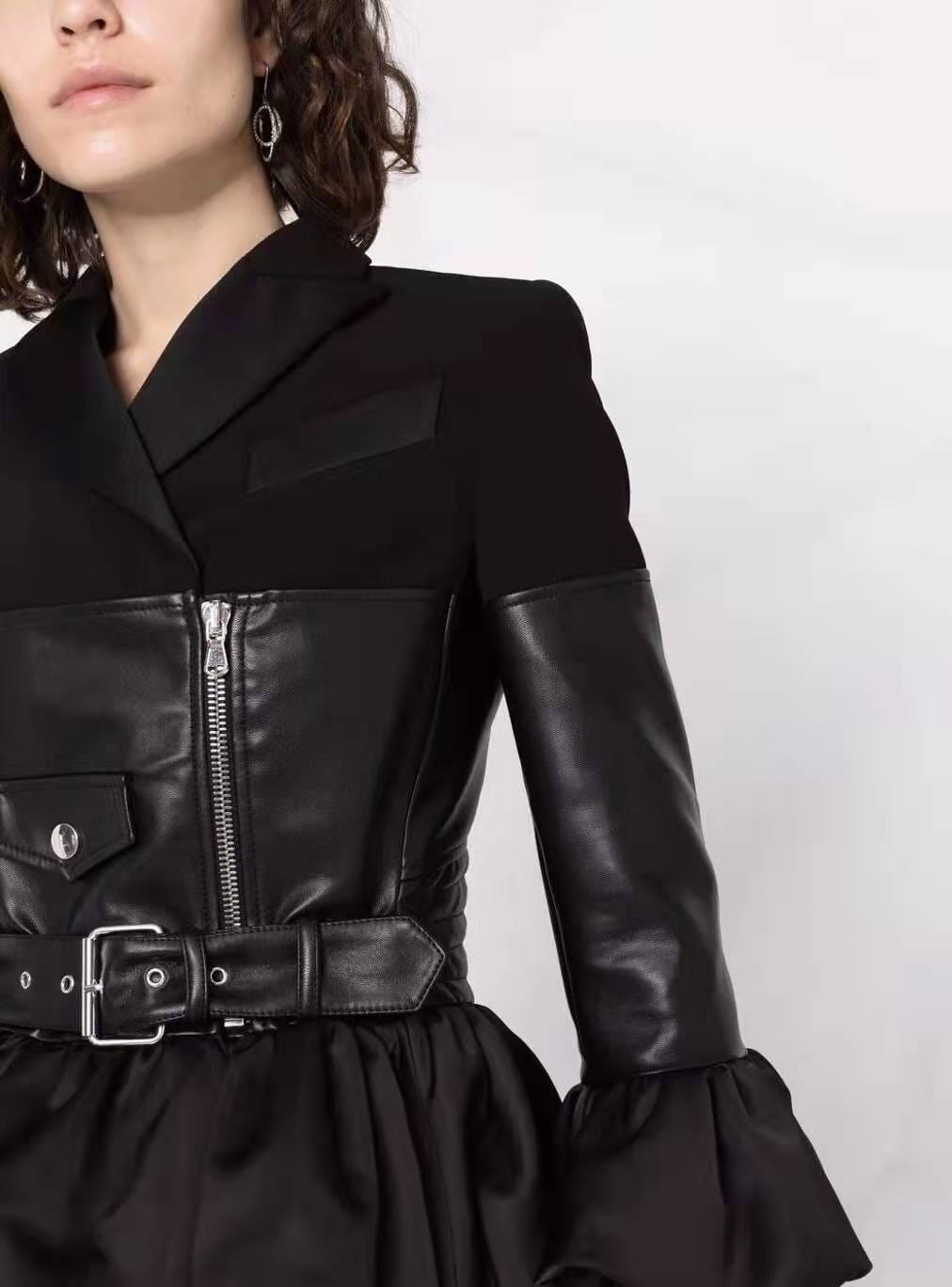 Women Coat Patchwork PU Spliced Ladies Jacket Full Sleeve Zipper Ruffles Short High Waist Locomotive Jackets Tops 2022