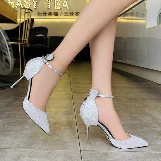 Women Heeled Shoes Ladies 10 cm high-heeled Pointed Toe Women Office shoes Pumps Glitter elegant Heels Wedding Shoes