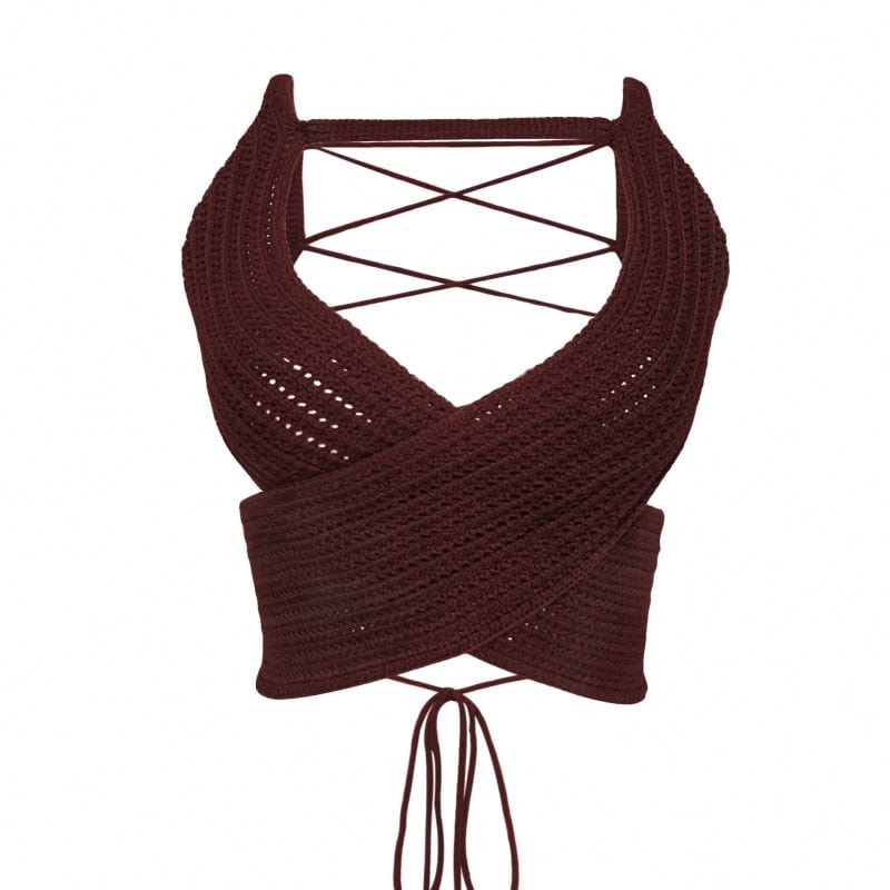 Women's Clothing Fall 2022 Y2K Basic Sleeveless Open Back Straps Tops Women Hollow Knitted Sweater Sexy Crop Tops