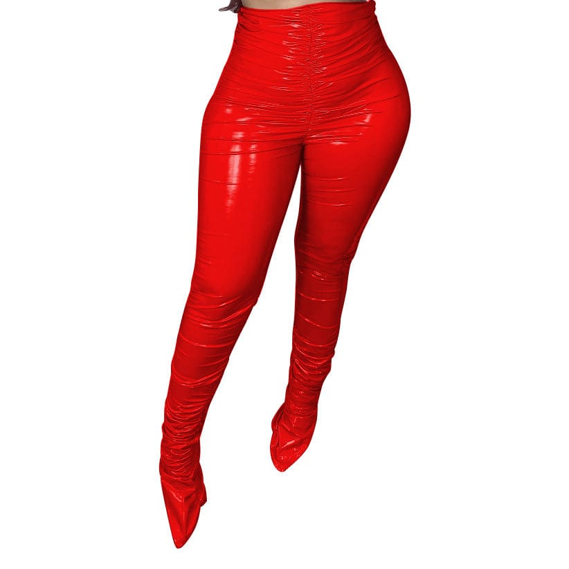 Women's fashion casual crimped pile pants with slits and velvet shiny PU leather casual pants