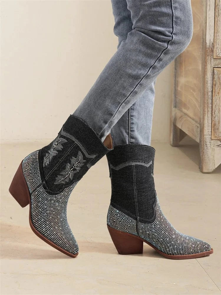 Women Sparkly Cowboy boots Wide Calf Pointed Toe Rhinestone Block Medium Heel Ankle Booties Demin boots