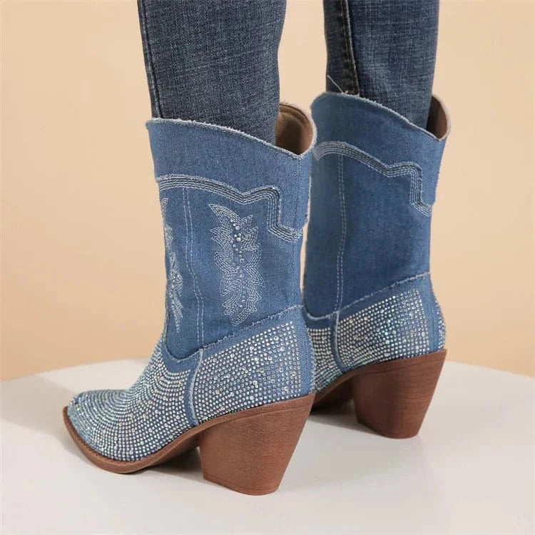 Women Sparkly Cowboy boots Wide Calf Pointed Toe Rhinestone Block Medium Heel Ankle Booties Demin boots