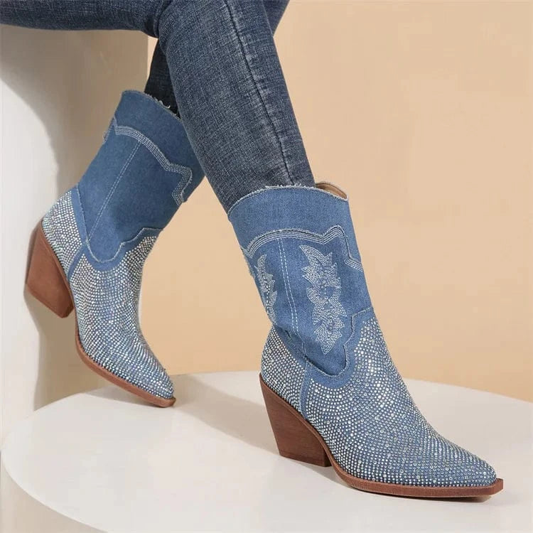 Women Sparkly Cowboy boots Wide Calf Pointed Toe Rhinestone Block Medium Heel Ankle Booties Demin boots