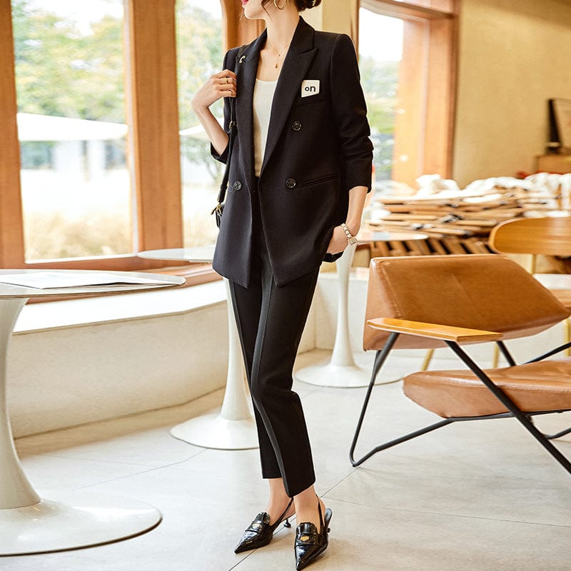 Women Suits L / 2 Piece Black Pant Suit OEM Wholesale 2 Piece Solid Set for Women Business Office Lady Work Wear Single Breasted Clothes Blazer with Trousers