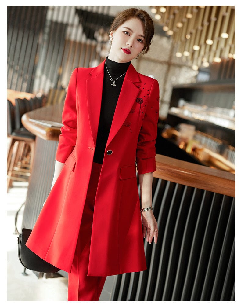 Women Suits S / Two-piece Red Suit OEM Wholesale 2 Piece Set Single Button Blazer Office Lady Red Black Fashion Pant Suits Women Jacket And Trousers Coat Suit