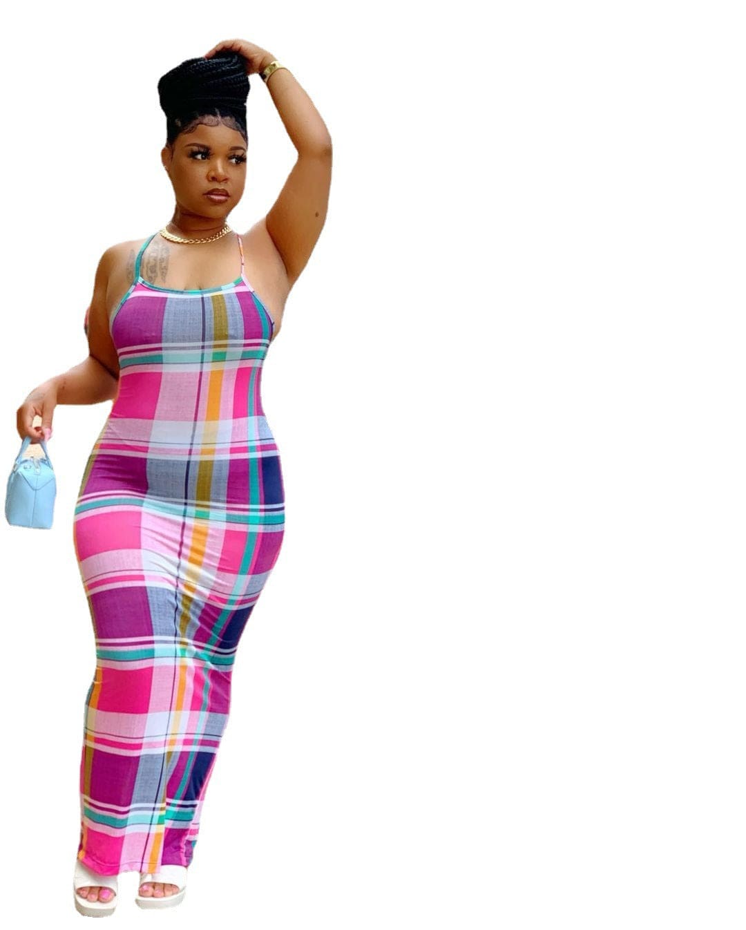 Women summer  sling plaid printing midi sexy sleeveless dress women's plus size clothing closeout clothing women's plus size