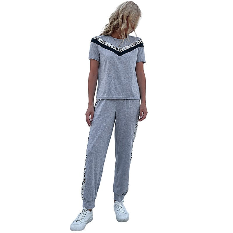 Women Two Piece Sports Suit Short Sleeve Tops Long Pants Stitching Colours Set