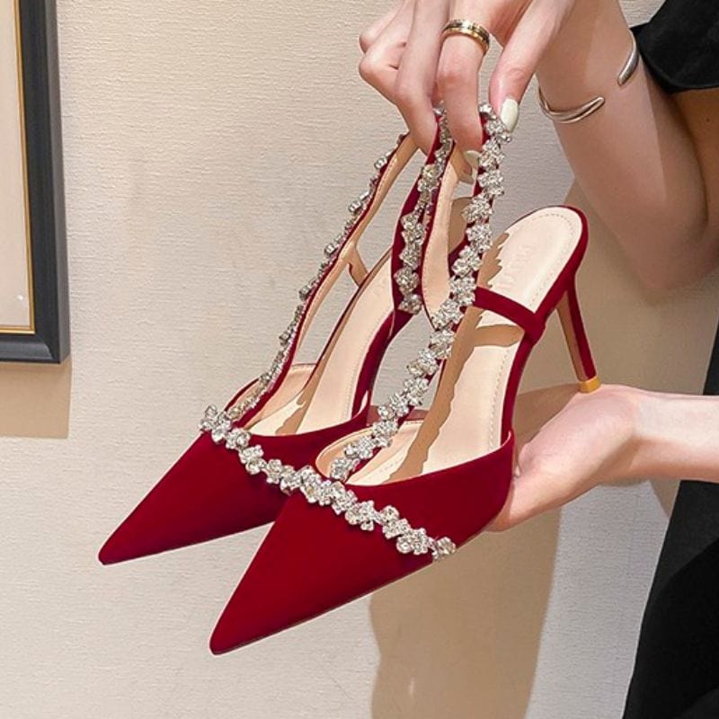 Women US4.5/EU35 / Red Luxury Designer Zapatos Mujer Tacon Diamond Rhinestone Women Stiletto High Heels Girl Dress Pumps Shoes