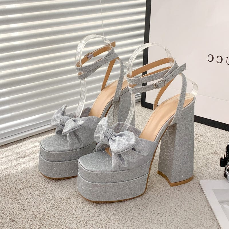 Women US4.5/EU35 / silver Bling Sequin Material Sandalias Con Tacon Bow Chunky Lace up 2023 Women Shoes Strappy Heels