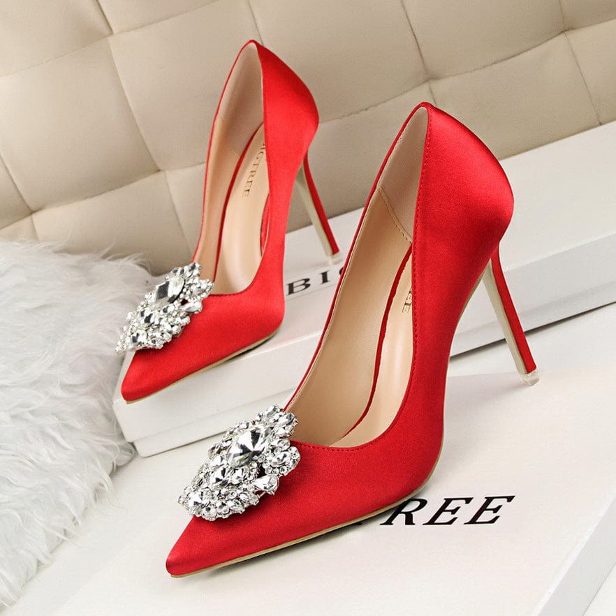 Women US4/EU34 / Red Chaussures a Talons Vert Tacones De Mujer Bling Rhinestone Green Elegant Women Wedding High Heels for Ladies Pumps Shoes