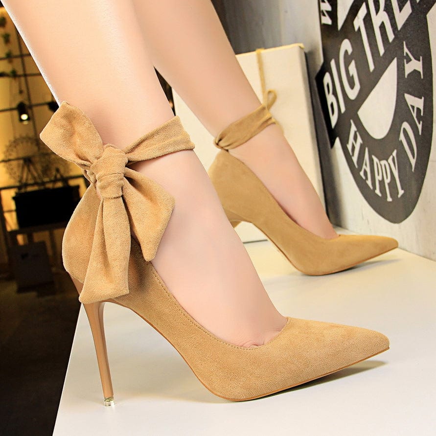 Women US4/Eur34 / Khaki China Wholesale New Bowknot Design Ankle Strap Stiletto Fetish Pumps Fashion High Heels for Ladies Elegant Shoes