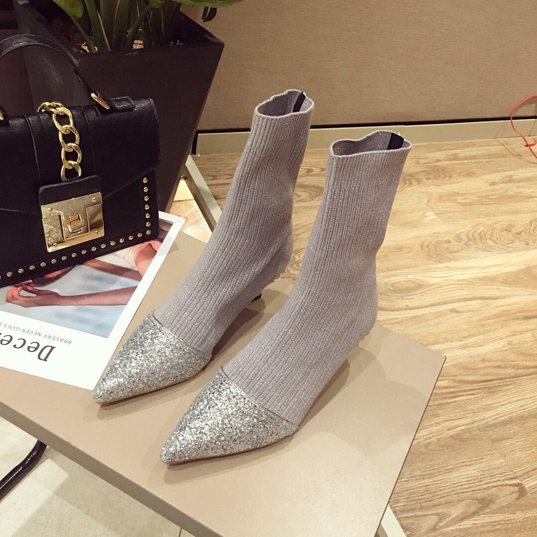 Women US6/Eur37 / Grey Stretchy Knit Fabric New Stylish Low Heel Fashion Women Ankle Boots Shoes