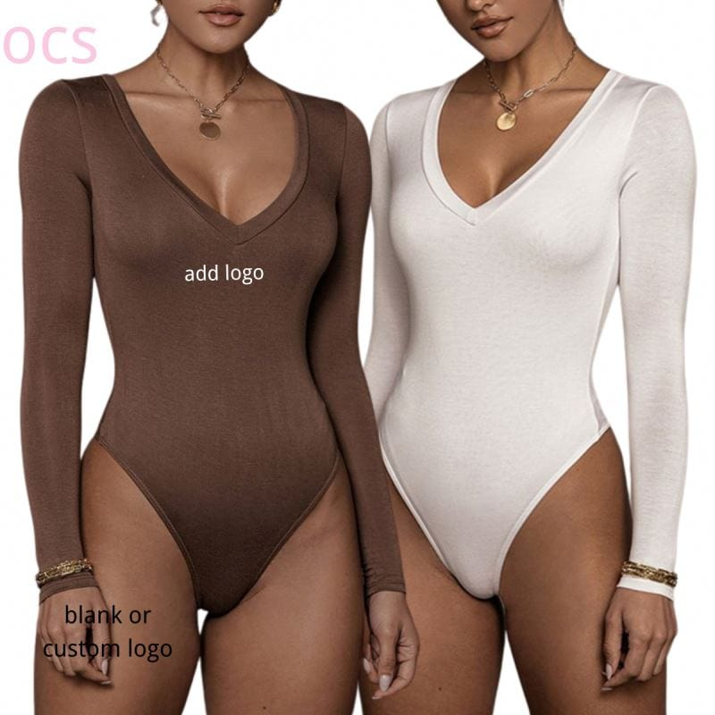 Womens Fall Clothing 2022 Custom Logo Women V Neck Bodysuits Seamless Long Sleeve Polyester Bodysuits For Women