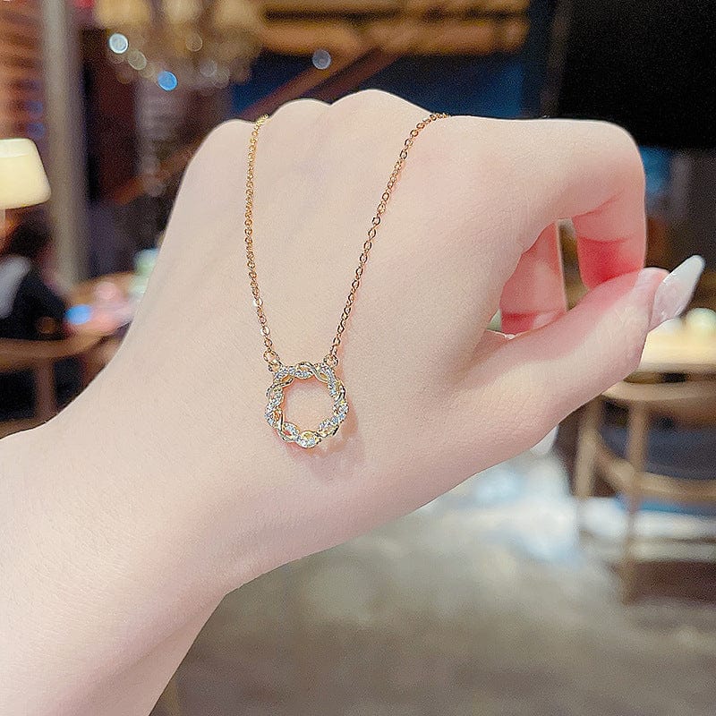 X587 gold Ins Style 14K Stainless Steel Gold Plated women's necklace simple twist Ring Pendant Necklace shiny zircon inlaid jewelry gift