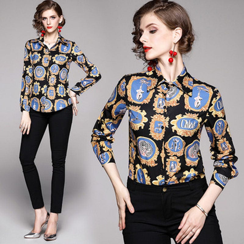 XC3221045-European station new women's printed slim long-sleeved wild lapel shirt