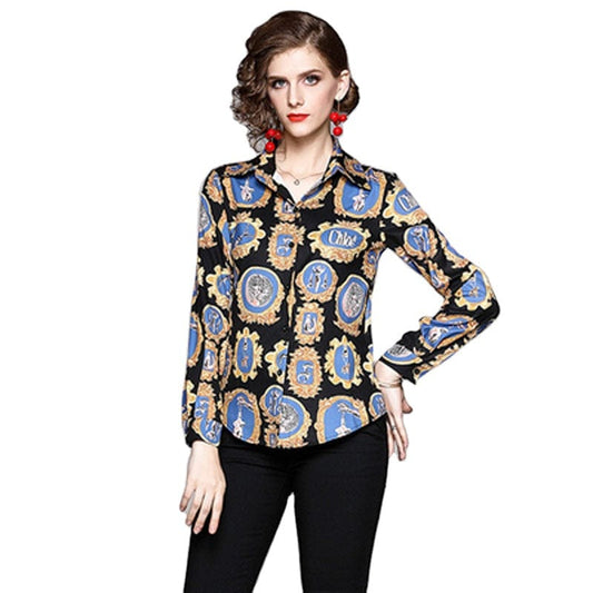 XC3221045-European station new women's printed slim long-sleeved wild lapel shirt