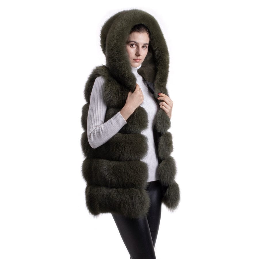 XL / Army Green QIUCHEN new women winter fur coat dyed vest with big hood genuine natural fur fox vest QC8062